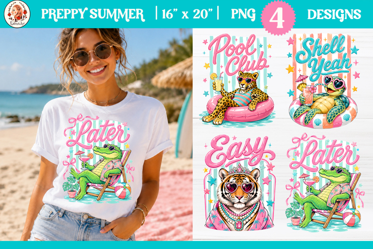 Preppy Summer Animal PNG | Funny Beach T-Shirt Sublimation