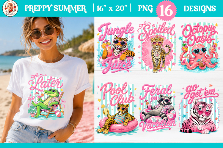 Preppy Summer Animal Bundle |Funny Beach T-Shirt Sublimation