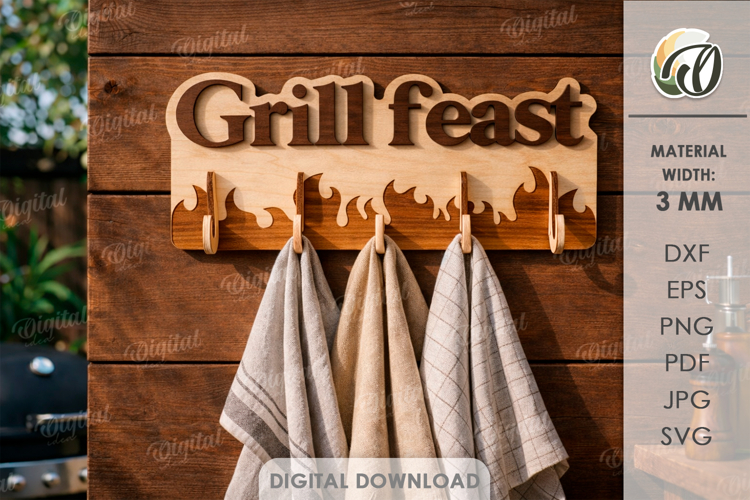 3D Towel Rack LaserCut. Summer towel hanger SVG. Grill feast
