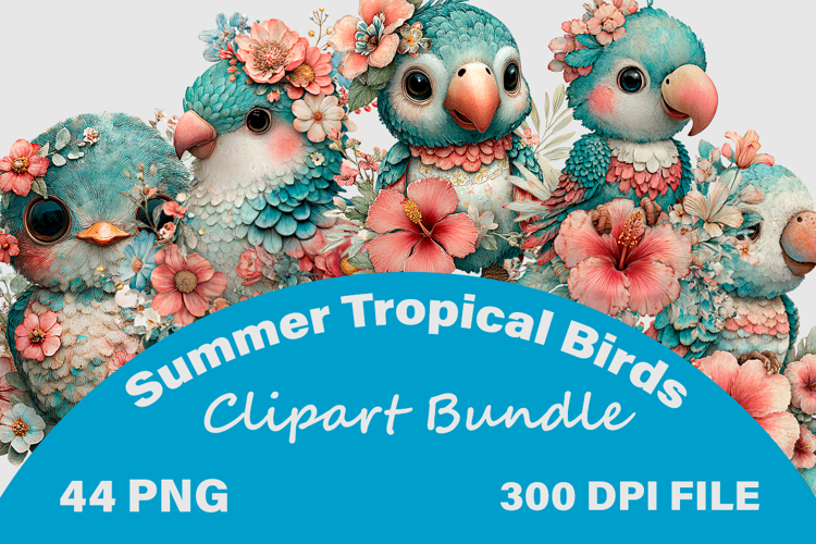 Summer Tropical Birds Clipart Bundle, 44 PNG