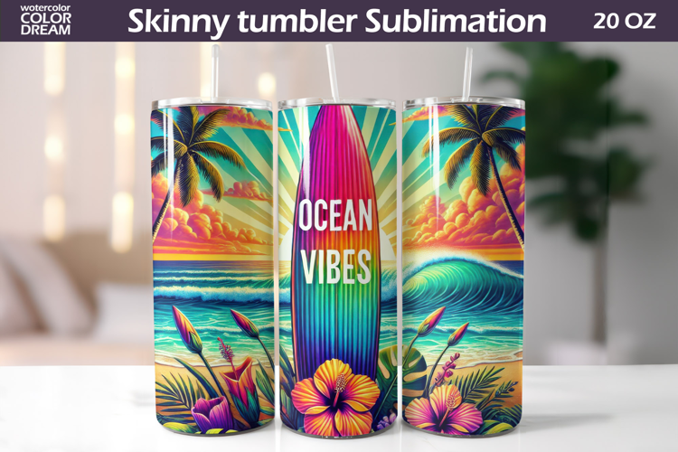 Ocean Vibes Surfboard Tumbler Design | Tropical Beach Sunset