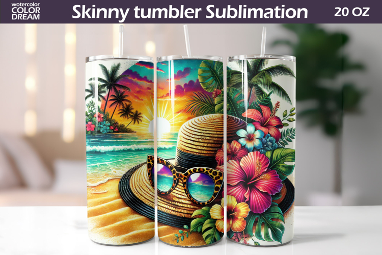 Tropical Beach Hat Tumbler Design | Sunset Island Sublimatio
