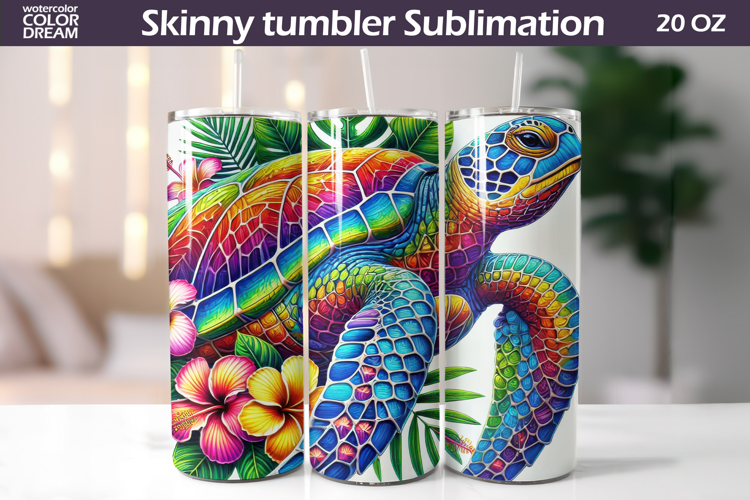 Rainbow Sea Turtle Tumbler Design | Tropical Hibiscus Sublim