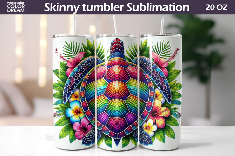 Rainbow Sea Turtle Tropical Tumbler Design | Hibiscus Floral
