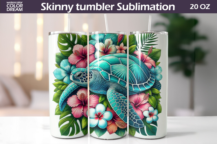 Sea Turtle Hibiscus Tumbler Design | Tropical Floral Sublima