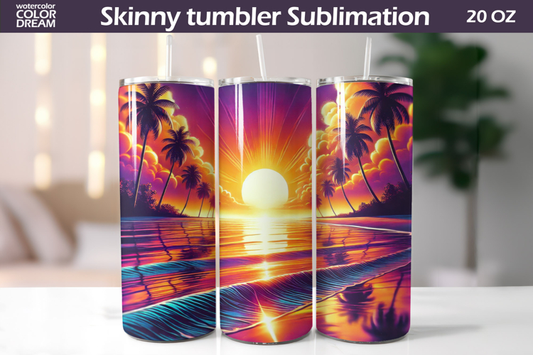 Tropical Sunset Beach Tumbler Design | Palm Trees Ocean Subl