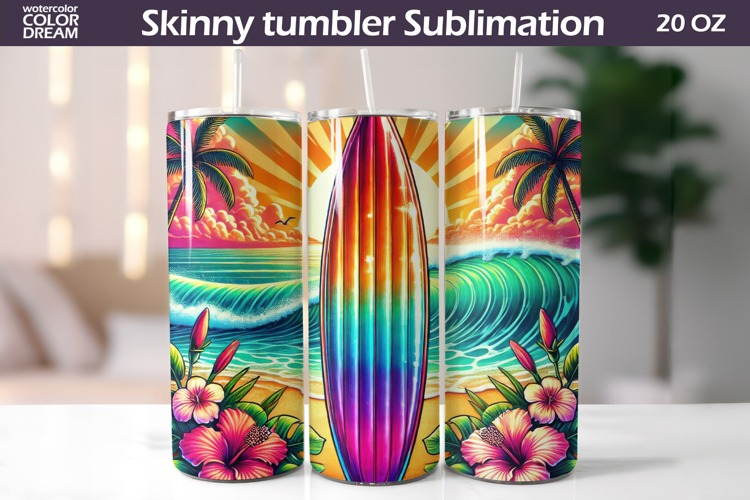 Tropical Surfboard Beach Tumbler Design | Sunset Wave Sublim