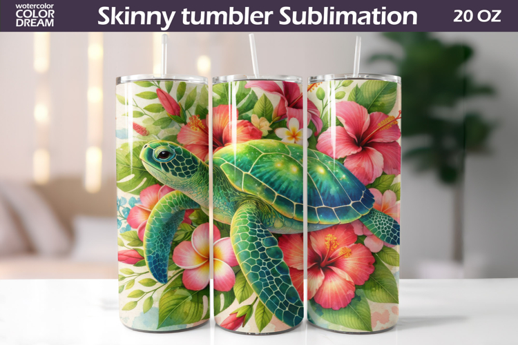 Floral Sea Turtle Tumbler Design | Tropical Hibiscus Sublima