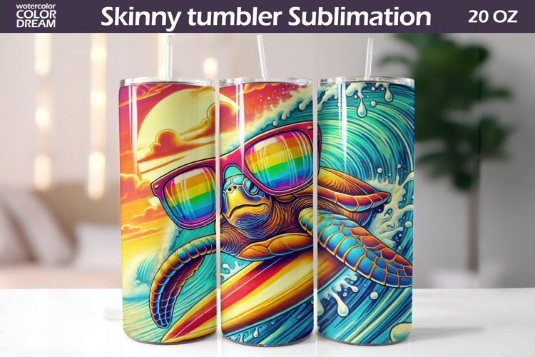 Surfing Sea Turtle Tumbler Wrap | Tropical Summer Sublimatio