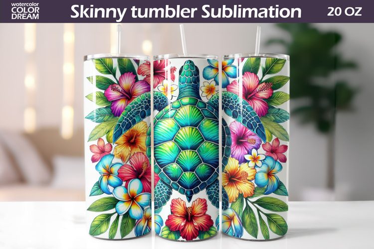 Sea Turtle Hibiscus Tumbler Wrap | Tropical Floral Sublimati