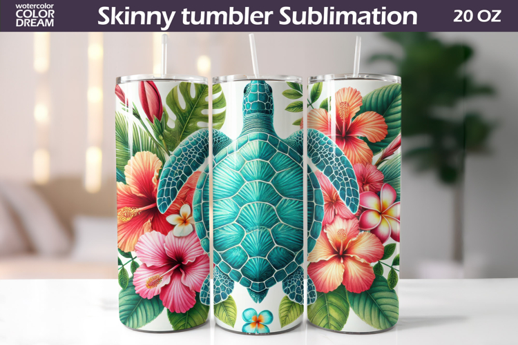 Sea Turtle Hibiscus Tumbler Wrap | Tropical Beach Sublimatio