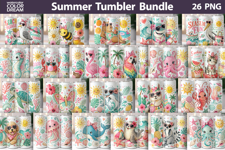 Summer Tumbler Wraps Bundle | Beach Ocean Animals Seamless