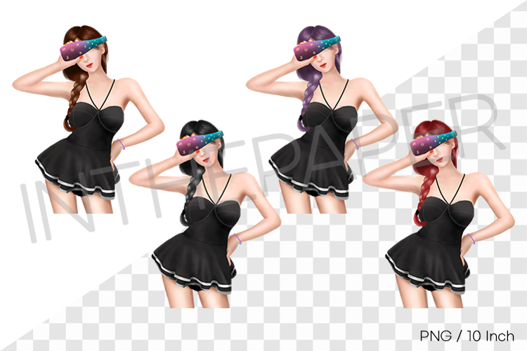 Girl in black swimsuit 4 hair colors PNG character clipart