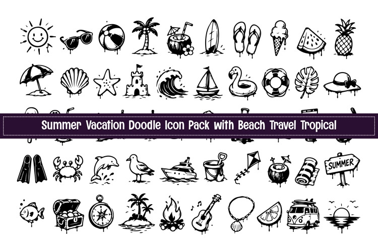Summer Vacation Doodle Icon Pack | Beach Travel Tropical