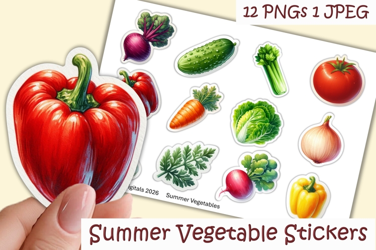 12 cute Summer Vegetable Stickers PNG