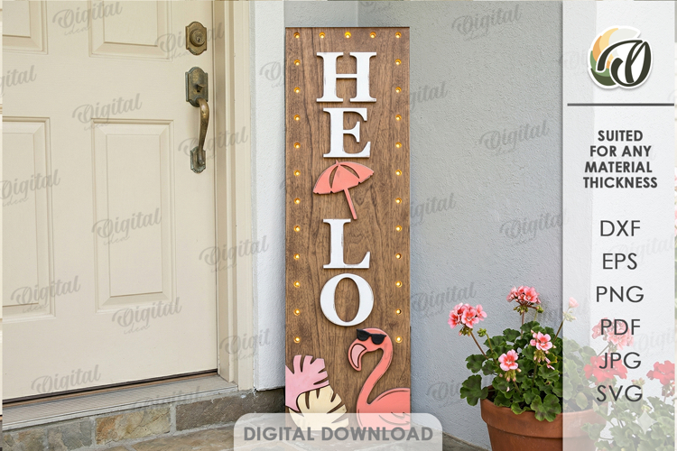 3D Summer Vertical Door Sign Laser Cut. Hello SVG