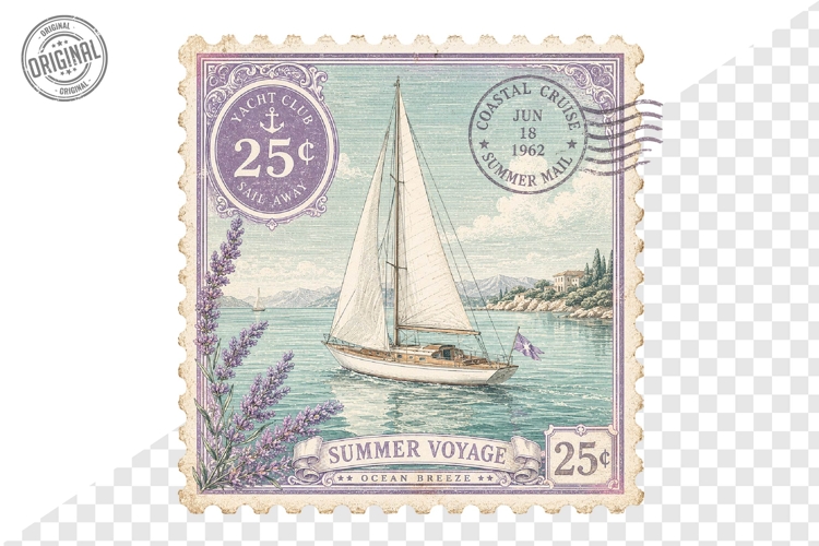 Summer Voyage Sailboat Vintage Coastal Stamp PNG Art