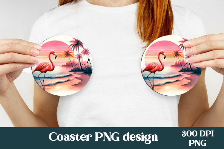 Flamingo car coaster sublimation | Tropical sunset coaster example image 1