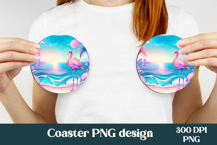 Flamingo tropical summer car coaster | Round coaster example image 1