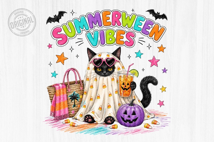 Summerween Cat Ghost Vacation PNG Design