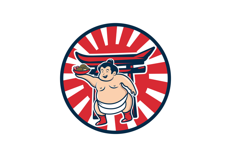 Happy Sumo Wrestler Serving Ramen Logo Design vector