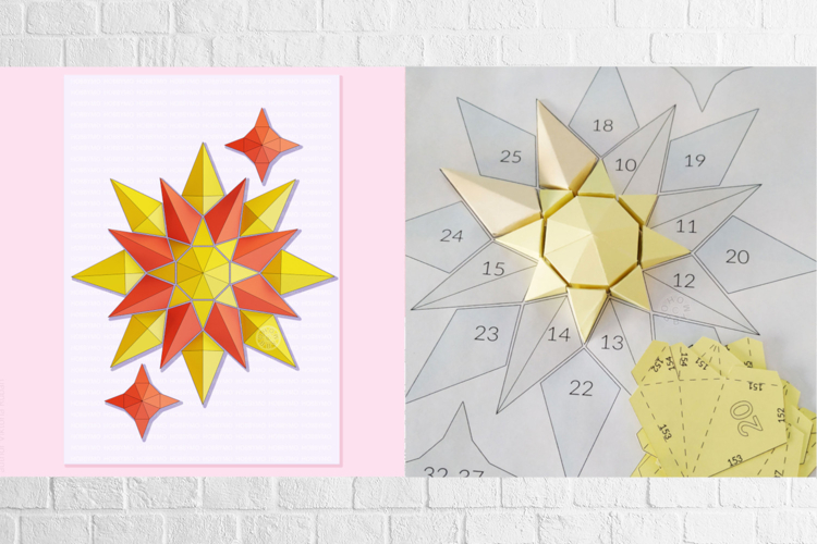 Paper Geometric Sun Puzzle, 3D Papercraft, B&W template PDF