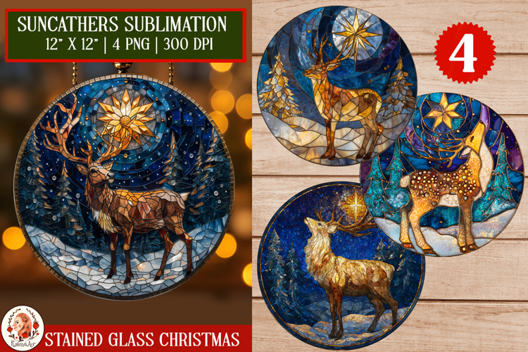 Christmas Deer Stained Glass Suncatcher. Holiday Ornament