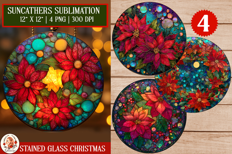Poinsettias Flower Stained Glass Suncatcher.Holiday Ornament