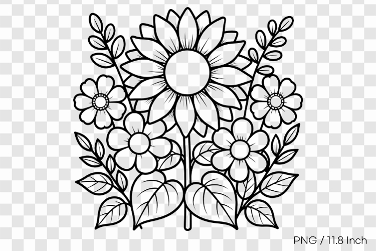 Black ink line art Sunflower coloring page PNG Flower illust