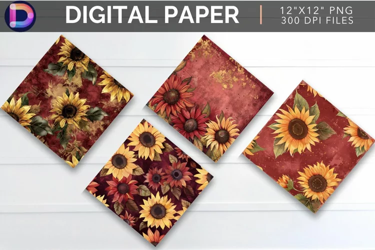 Maroon Sunflower Digital Paper