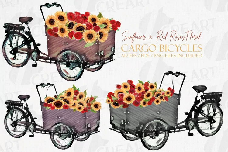 Sunflower, red roses floral cargo bikes invitation templates