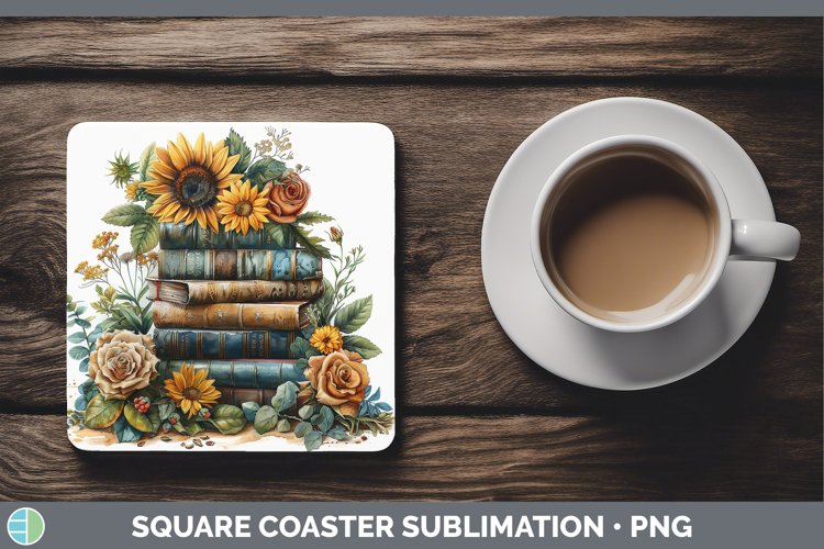 Sunflower Boho Book Stack Square Coaster Sublimation Coaster