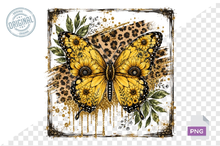 Sunflower Butterfly Leopard Print PNG Sublimation Design