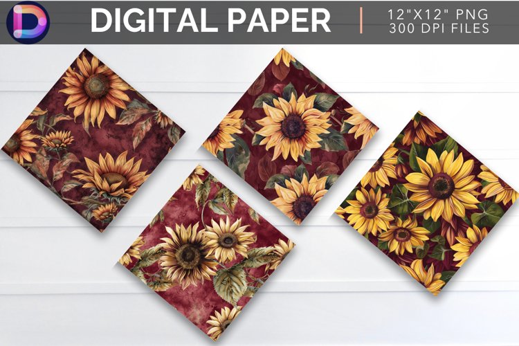 Maroon Sunflower Digital Paper example image 1