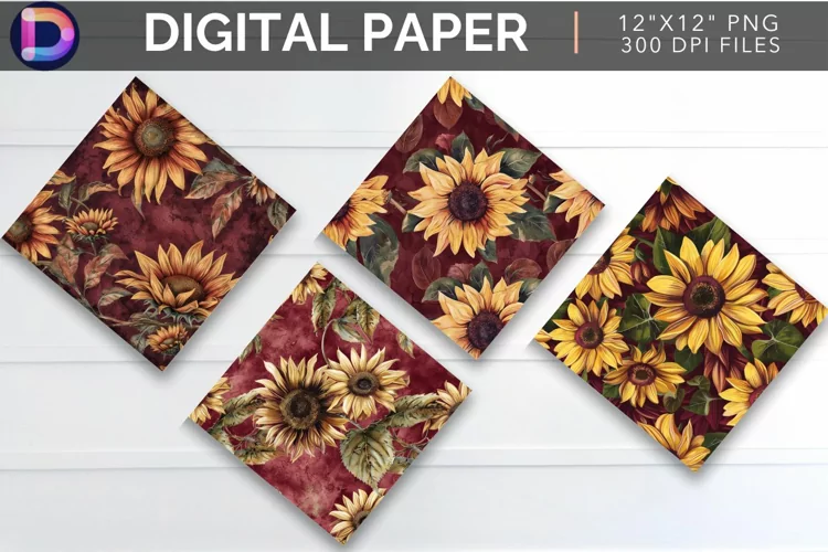 Maroon Sunflower Digital Paper