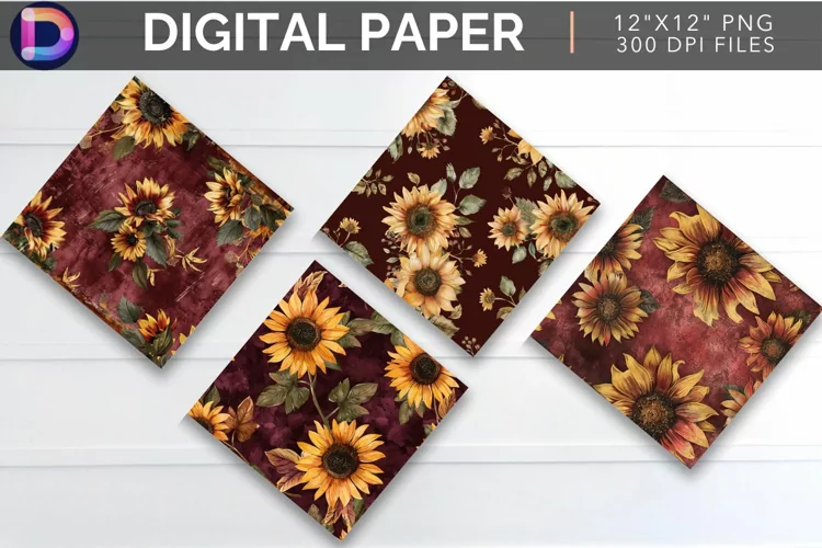 Maroon Sunflower Digital Paper