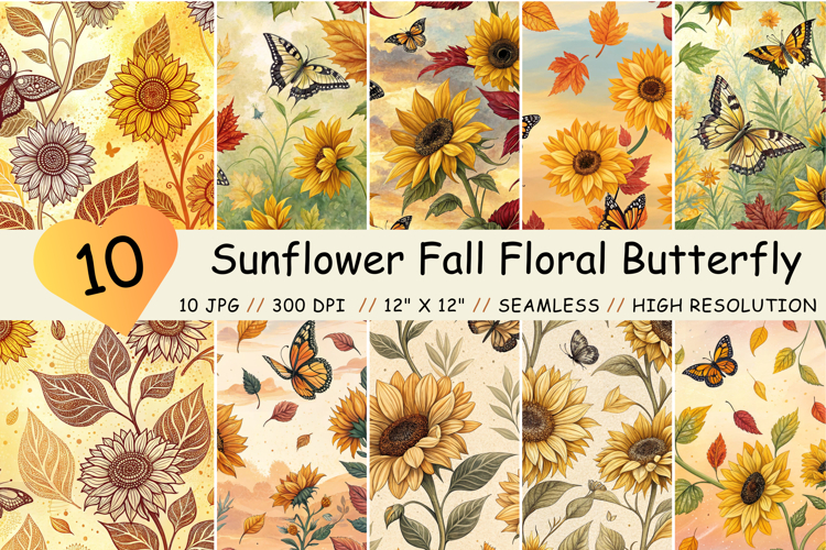 Sunflower Fall Floral Butterfly Pattern, Digital Paper