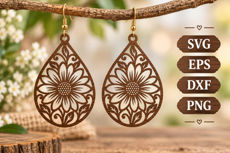 Sunflower Floral Earring Teardrop Wood Silhouette Laser SVG example image 1