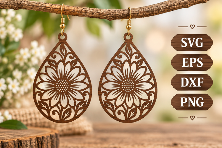 Sunflower Floral Earring Teardrop Wood Silhouette Laser SVG