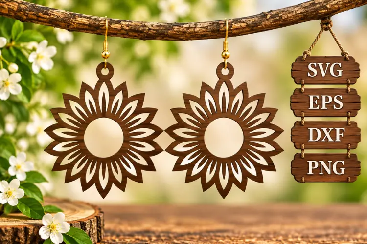 Sunflower Flower Earring Wood Laser SVG
