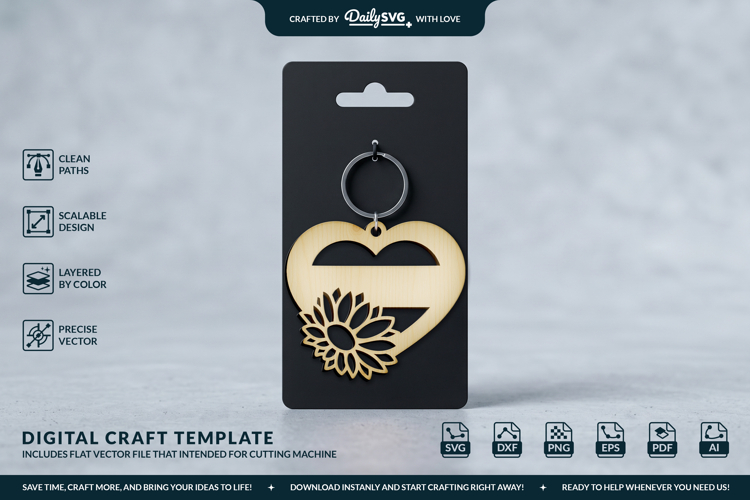 Sunflower Flower Heart Keychain Laser Cut