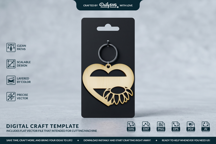 Sunflower Flower Heart Keychain Laser Cut