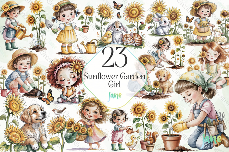 Sunflower Garden Girl Clipart Bundle