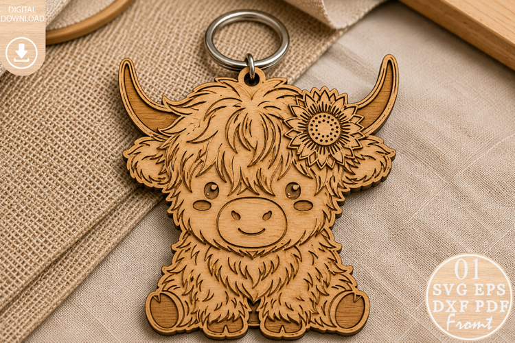 Sunflower Highland Cow Keyring Laser Cut SVG