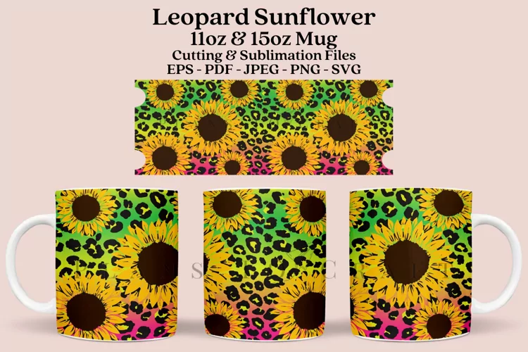 Sunflower Leopard Print Mug Sublimation Wrap 11oz - 15oz