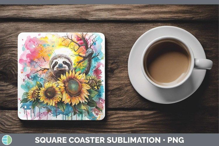 Sunflower Pink Teal Sloth Square Coaster Sublimation Coaster