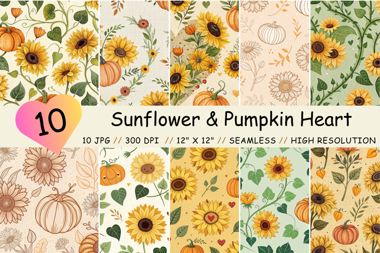 Sunflower & Pumpkin Heart Seamless Pattern, Digital Paper