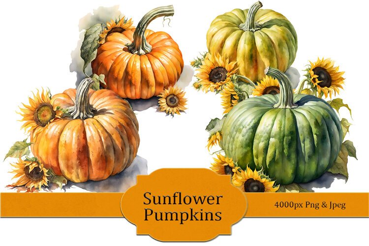 4 Sunflower Pumpkin Illustrations example image 1