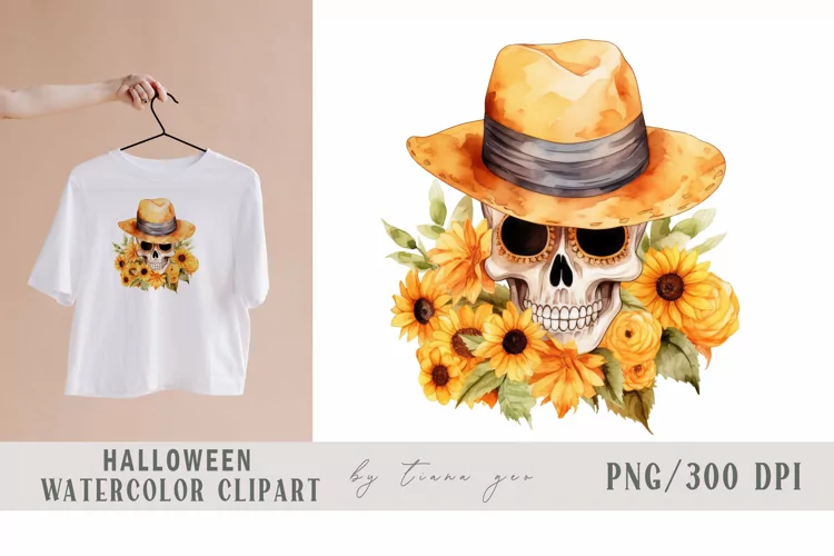 Sunflower fall skull with flower bouquet clipart- 1 png file
