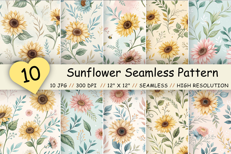 Sunflower Seamless Pattern Bundle, Shabby Chic Floral